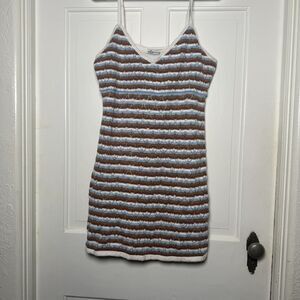 Hollister Knit Mini Dress Striped Blue Brown White Sleeveless Size L NWT
